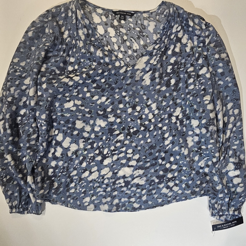 Zac & Rachel Womens Blouse Petite XL Blue White Lightweight‎ Feminine Career Top